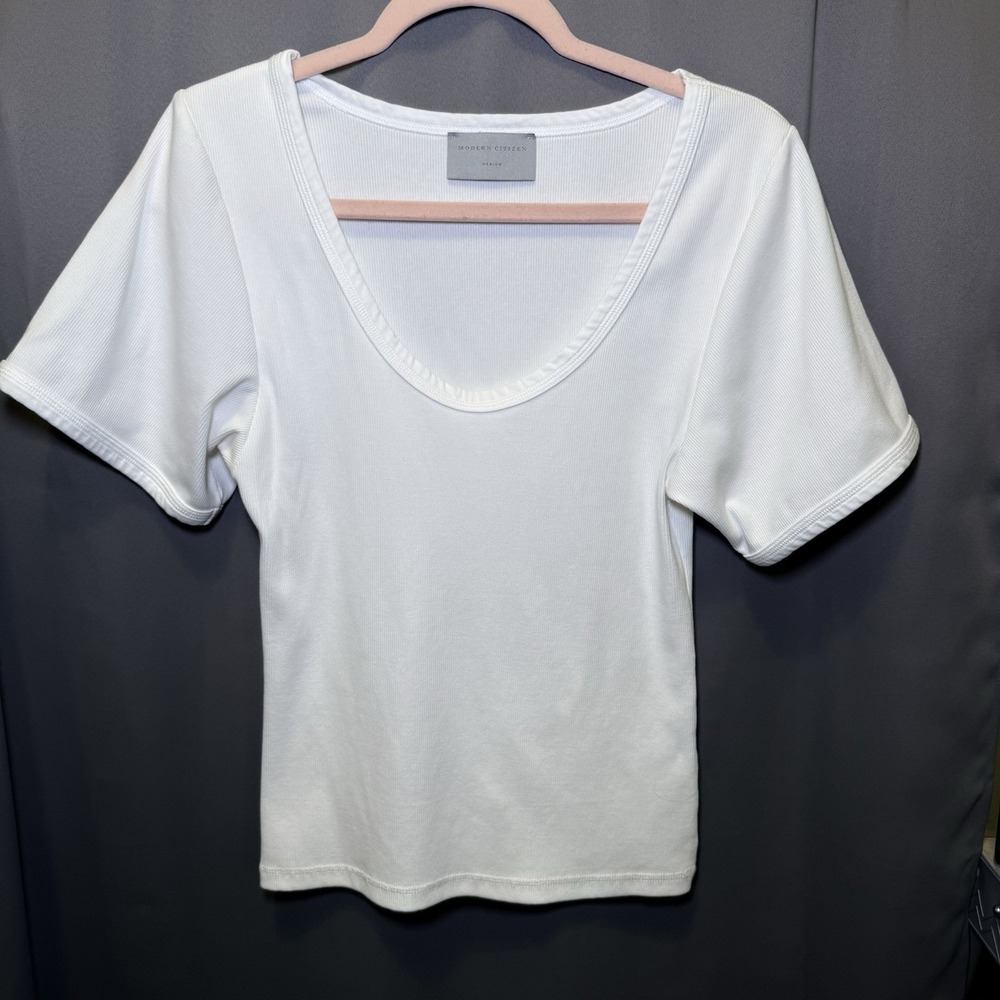 Modern Citizen Scoop Neck Short Sleeve Ribbed Shirt Cotton White Women's Sz M
